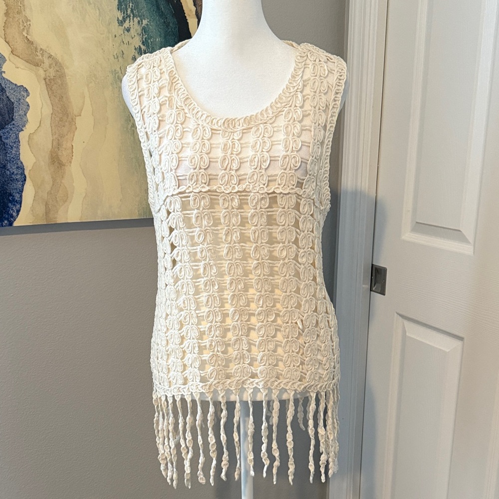 ADORA Cream Fringed Crochet Sleeveless Top